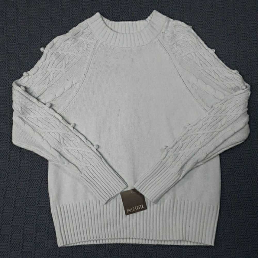 NWT Falls  Creek Pullover Sweater Large Blue Pom-Pom Detail Cable Knit Sleeves